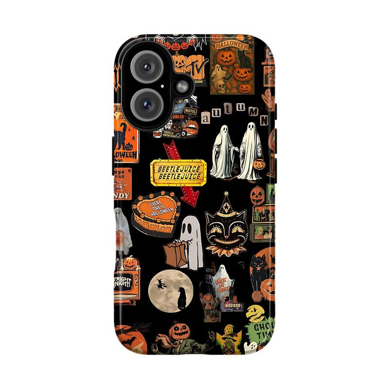 Vintage Halloween Phone Case, Spooky Retro Collage Phone Case for Iphone 16 15 14 13 12 11 Pro Max XS, Ghost & Pumpkin Collage Tough Case, Waterproof, Durable Shockproof for Women & Men Phone Cover