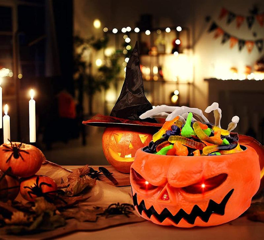 Halloween Scary Candy Bowl, Animated Pumpkin Candy Dish with Tricky Motion Activated Skeleton Hand, Prank Toys Lighted Red Eyes and Sound, Scary Decoration for Trick-Or-Treaters, Haunted House, Office or Party Perfect Gift Table