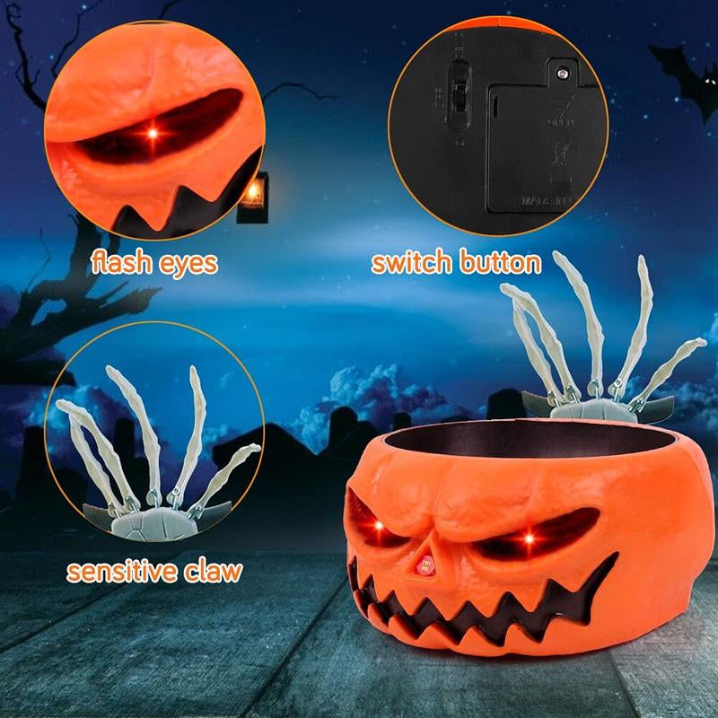 Halloween Scary Candy Bowl, Animated Pumpkin Candy Dish with Tricky Motion Activated Skeleton Hand, Prank Toys Lighted Red Eyes and Sound, Scary Decoration for Trick-Or-Treaters, Haunted House, Office or Party Perfect Gift Table