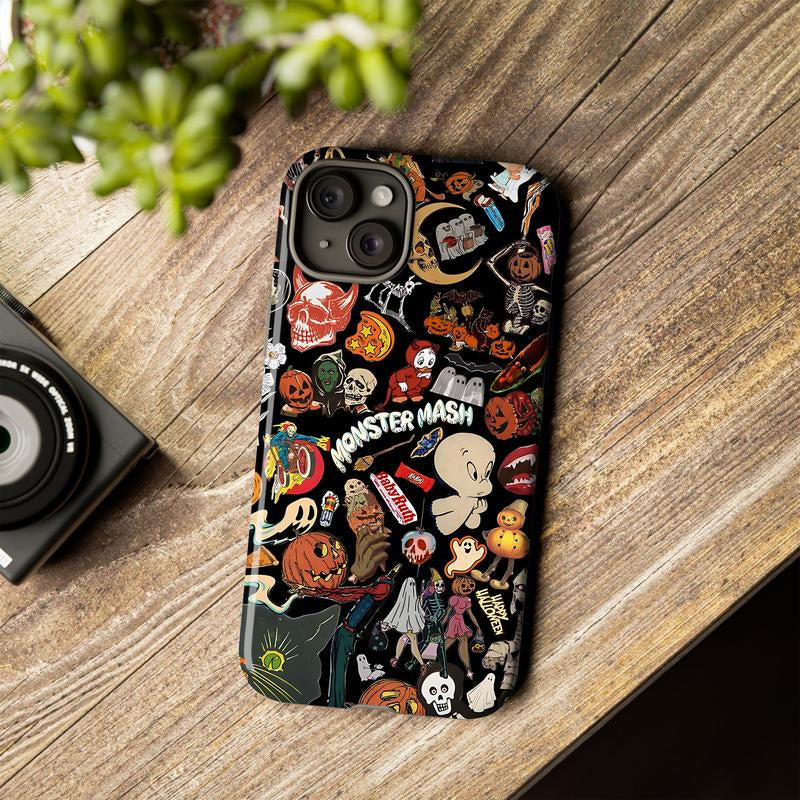 Vintage Halloween Phone Case, Spooky Retro Collage Phone Case for Iphone 16 15 14 13 12 11 Pro Max XS, Ghost & Pumpkin Collage Tough Case, Waterproof, Durable Shockproof for Women & Men Phone Cover