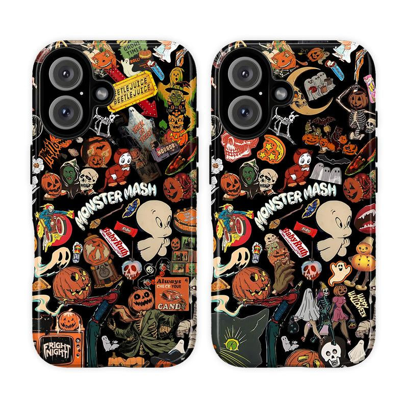 Vintage Halloween Phone Case, Spooky Retro Collage Phone Case for Iphone 16 15 14 13 12 11 Pro Max XS, Ghost & Pumpkin Collage Tough Case, Waterproof, Durable Shockproof for Women & Men Phone Cover