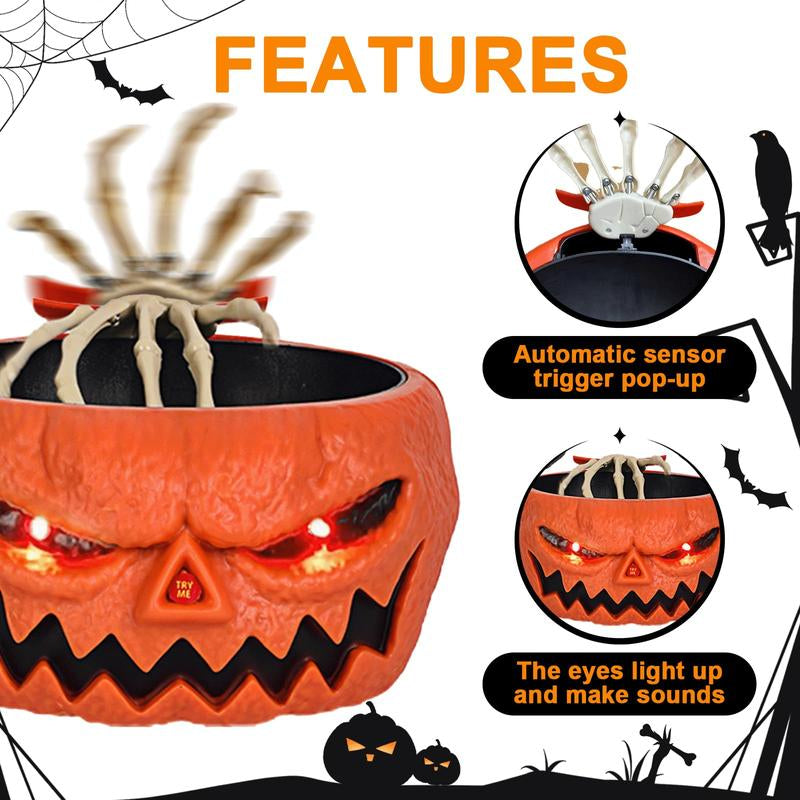 Halloween Scary Candy Bowl, Animated Pumpkin Candy Dish with Tricky Motion Activated Skeleton Hand, Prank Toys Lighted Red Eyes and Sound, Scary Decoration for Trick-Or-Treaters, Haunted House, Office or Party Perfect Gift Table