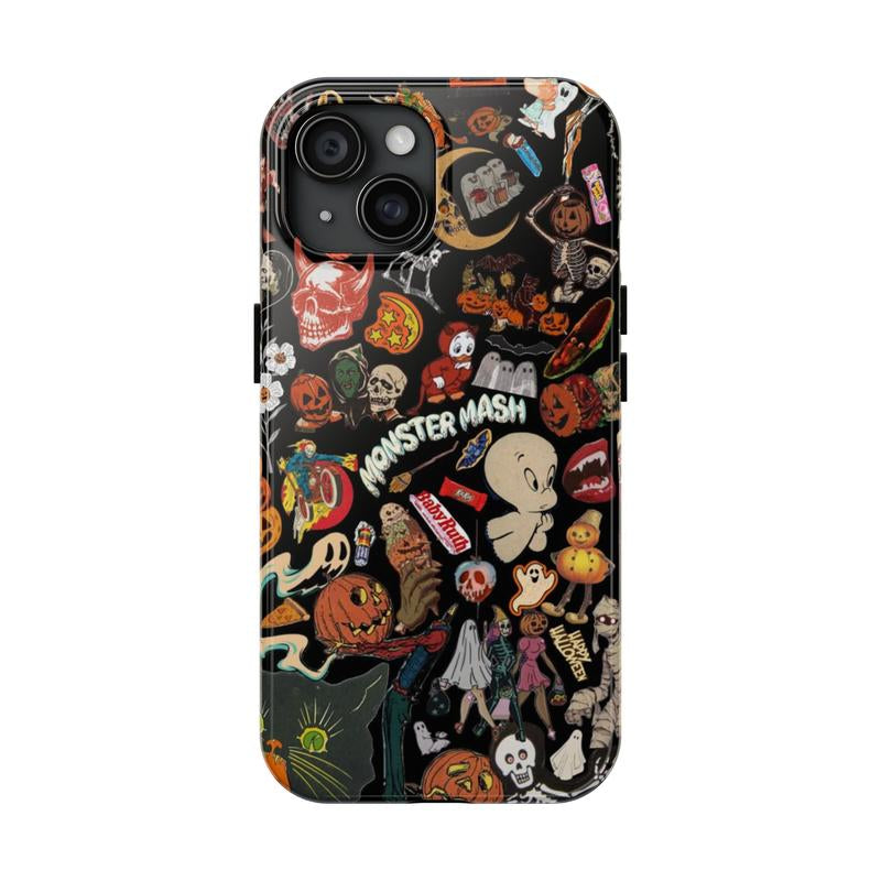 Vintage Halloween Phone Case, Spooky Retro Collage Phone Case for Iphone 16 15 14 13 12 11 Pro Max XS, Ghost & Pumpkin Collage Tough Case, Waterproof, Durable Shockproof for Women & Men Phone Cover