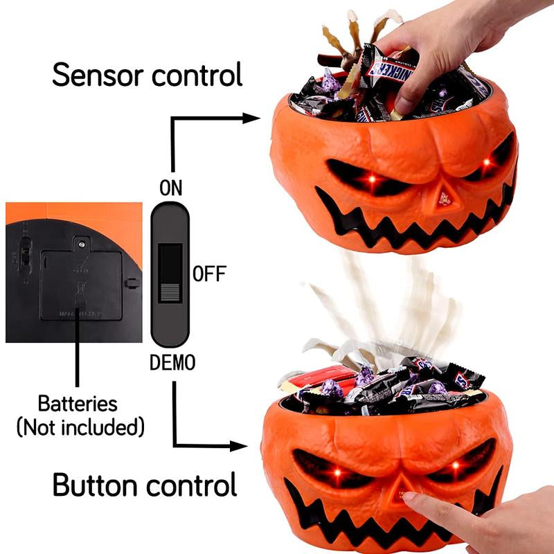 Halloween Scary Candy Bowl, Animated Pumpkin Candy Dish with Tricky Motion Activated Skeleton Hand, Prank Toys Lighted Red Eyes and Sound, Scary Decoration for Trick-Or-Treaters, Haunted House, Office or Party Perfect Gift Table