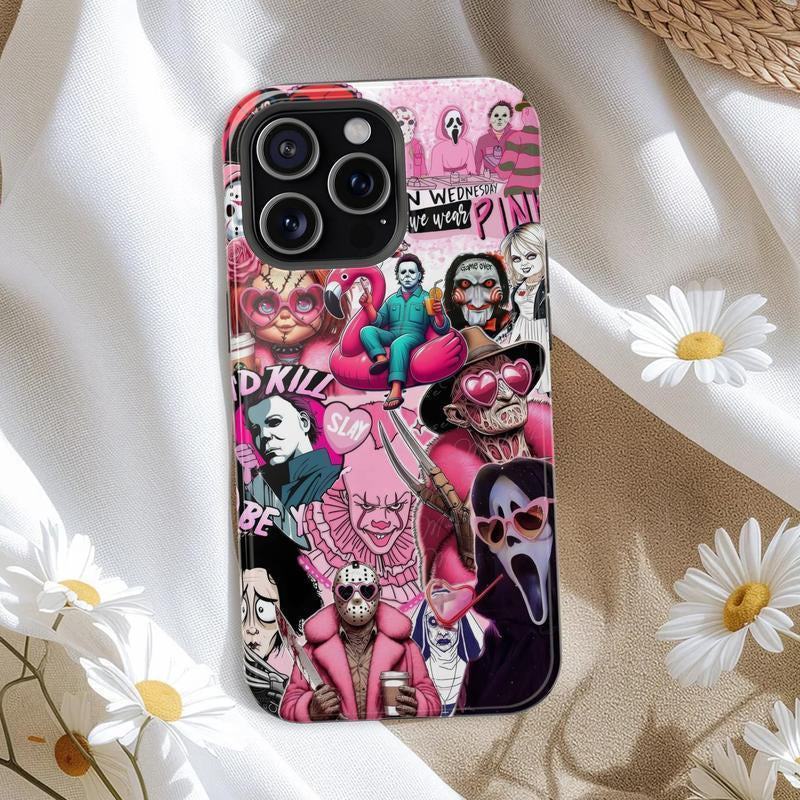 Horror Character Spooky Pink Halloween Vibe Scary Movie Tough Phone Case – Perfect Fans Gift Shockproof Protection for Iphone 16/15/14/13/12/11/17 Promax plus for Samsung Phones, an Excellent Choice for Halloween, Christmas and Thanksgiving.