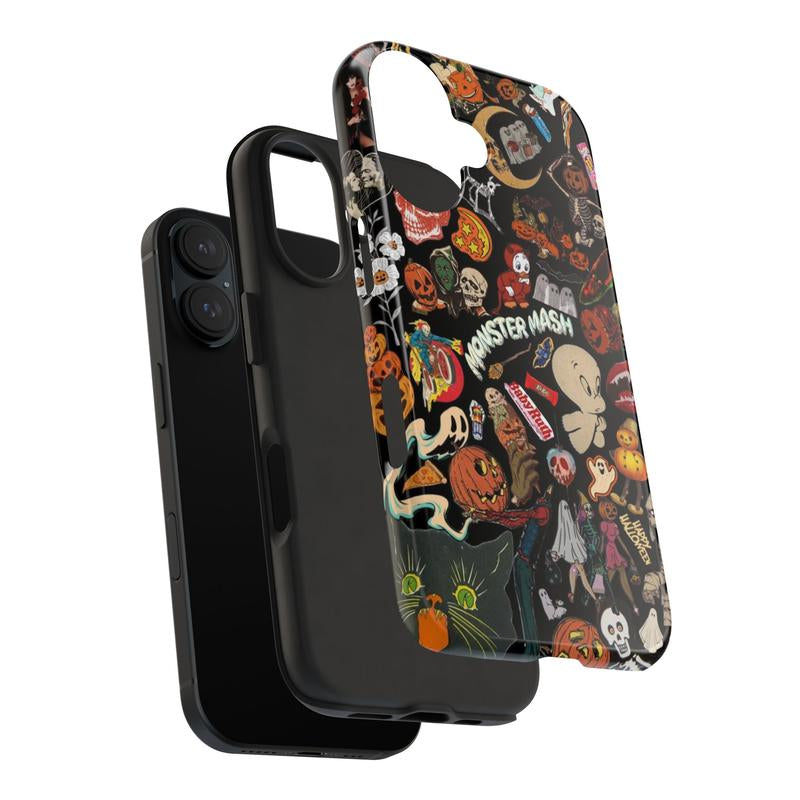 Vintage Halloween Phone Case, Spooky Retro Collage Phone Case for Iphone 16 15 14 13 12 11 Pro Max XS, Ghost & Pumpkin Collage Tough Case, Waterproof, Durable Shockproof for Women & Men Phone Cover