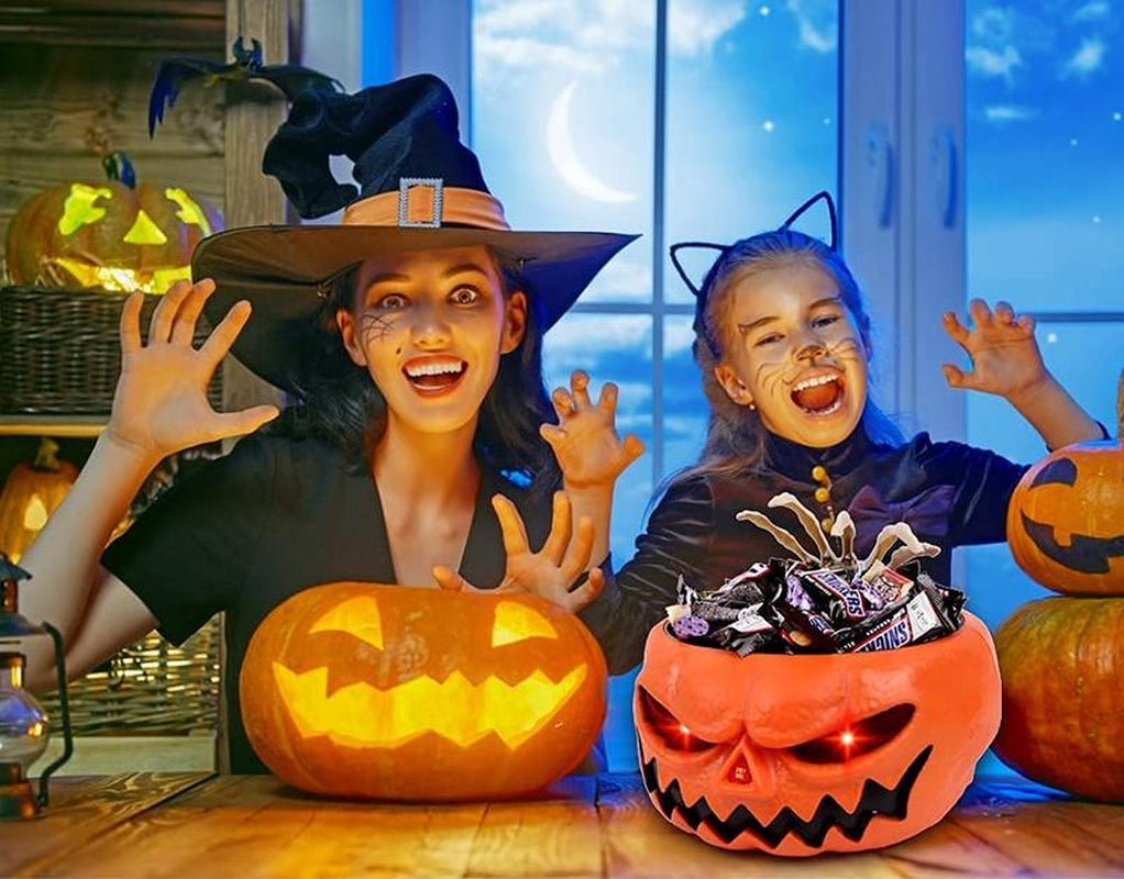Halloween Scary Candy Bowl, Animated Pumpkin Candy Dish with Tricky Motion Activated Skeleton Hand, Prank Toys Lighted Red Eyes and Sound, Scary Decoration for Trick-Or-Treaters, Haunted House, Office or Party Perfect Gift Table