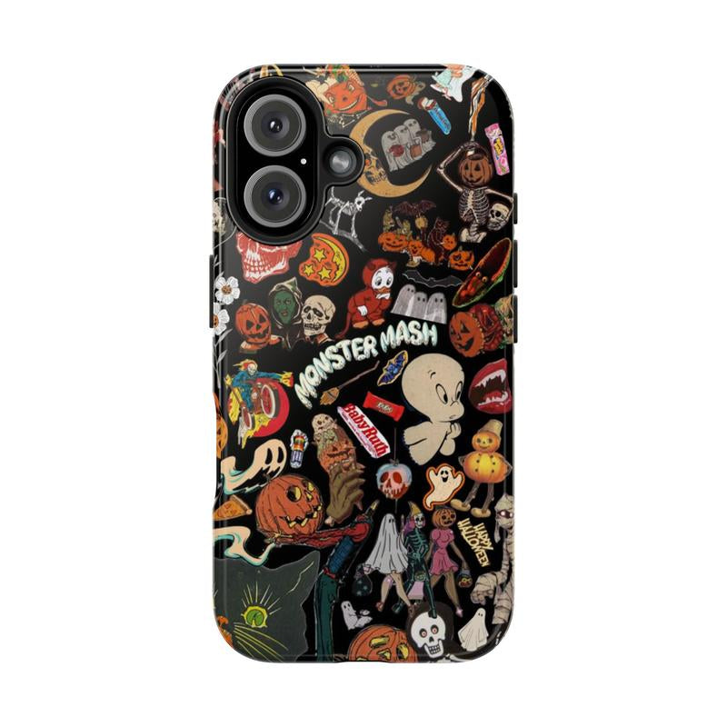 Vintage Halloween Phone Case, Spooky Retro Collage Phone Case for Iphone 16 15 14 13 12 11 Pro Max XS, Ghost & Pumpkin Collage Tough Case, Waterproof, Durable Shockproof for Women & Men Phone Cover