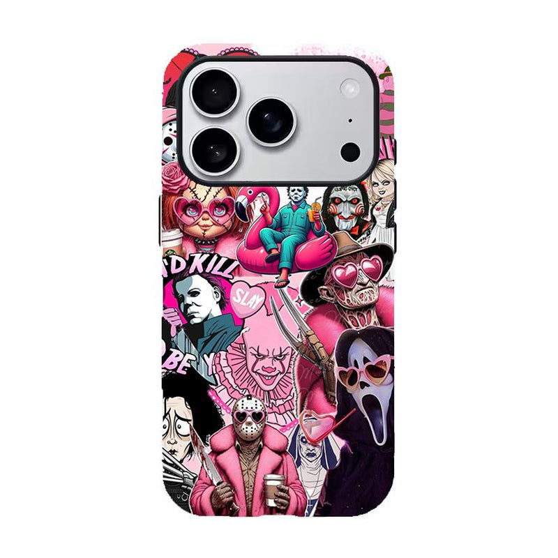 Horror Character Spooky Pink Halloween Vibe Scary Movie Tough Phone Case – Perfect Fans Gift Shockproof Protection for Iphone 16/15/14/13/12/11/17 Promax plus for Samsung Phones, an Excellent Choice for Halloween, Christmas and Thanksgiving.