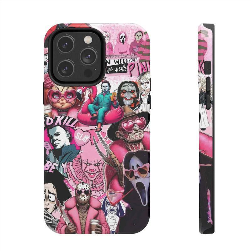 Horror Character Spooky Pink Halloween Vibe Scary Movie Tough Phone Case – Perfect Fans Gift Shockproof Protection for Iphone 16/15/14/13/12/11/17 Promax plus for Samsung Phones, an Excellent Choice for Halloween, Christmas and Thanksgiving.