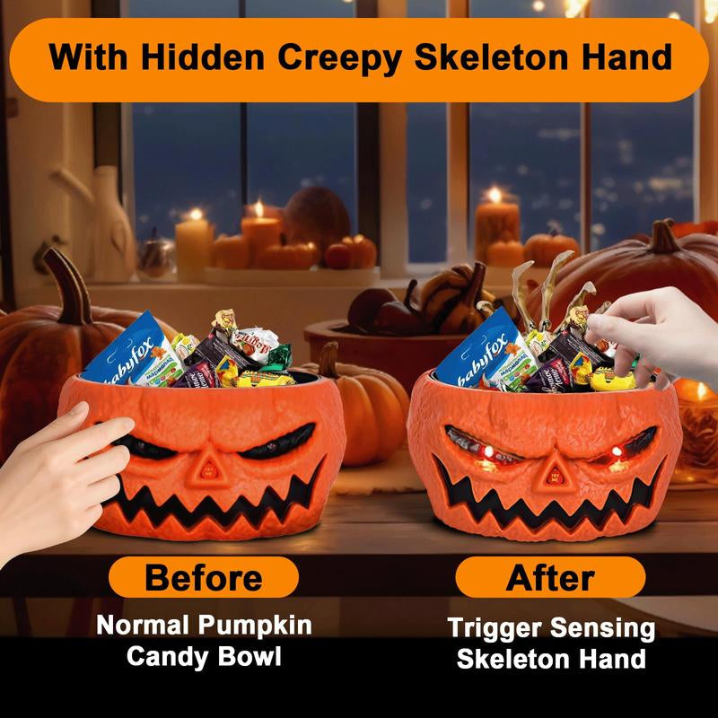 Halloween Scary Candy Bowl, Animated Pumpkin Candy Dish with Tricky Motion Activated Skeleton Hand, Prank Toys Lighted Red Eyes and Sound, Scary Decoration for Trick-Or-Treaters, Haunted House, Office or Party Perfect Gift Table