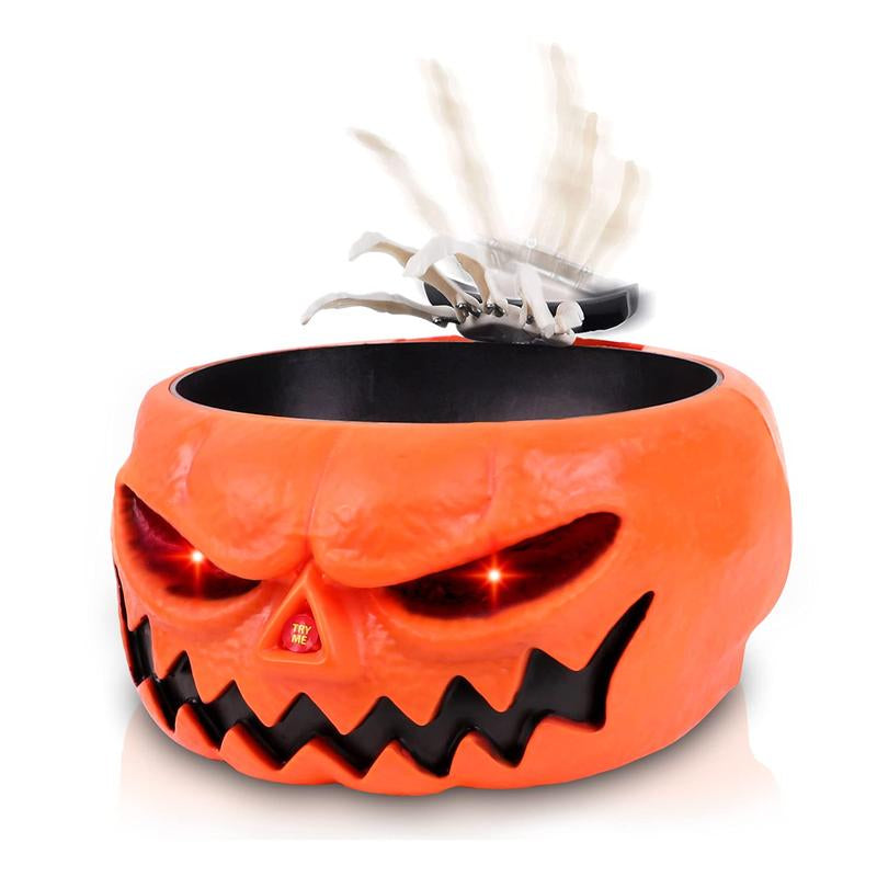 Halloween Scary Candy Bowl, Animated Pumpkin Candy Dish with Tricky Motion Activated Skeleton Hand, Prank Toys Lighted Red Eyes and Sound, Scary Decoration for Trick-Or-Treaters, Haunted House, Office or Party Perfect Gift Table